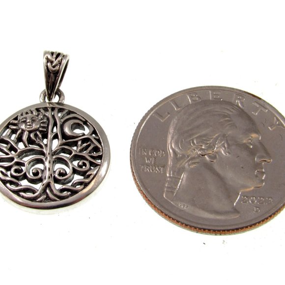 Solid 925 Sterling Silver Sun and Crescent Moon Tree of Life Charm Pendant - Picture 2 of 5